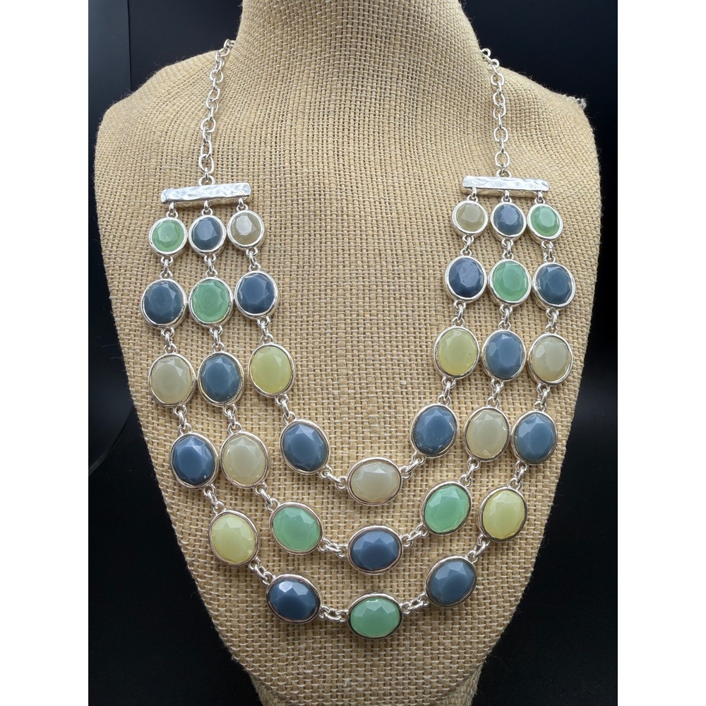 Liz Claiborne Triple Strand Bib Necklace Silver Tone Green Blue Tan Stones